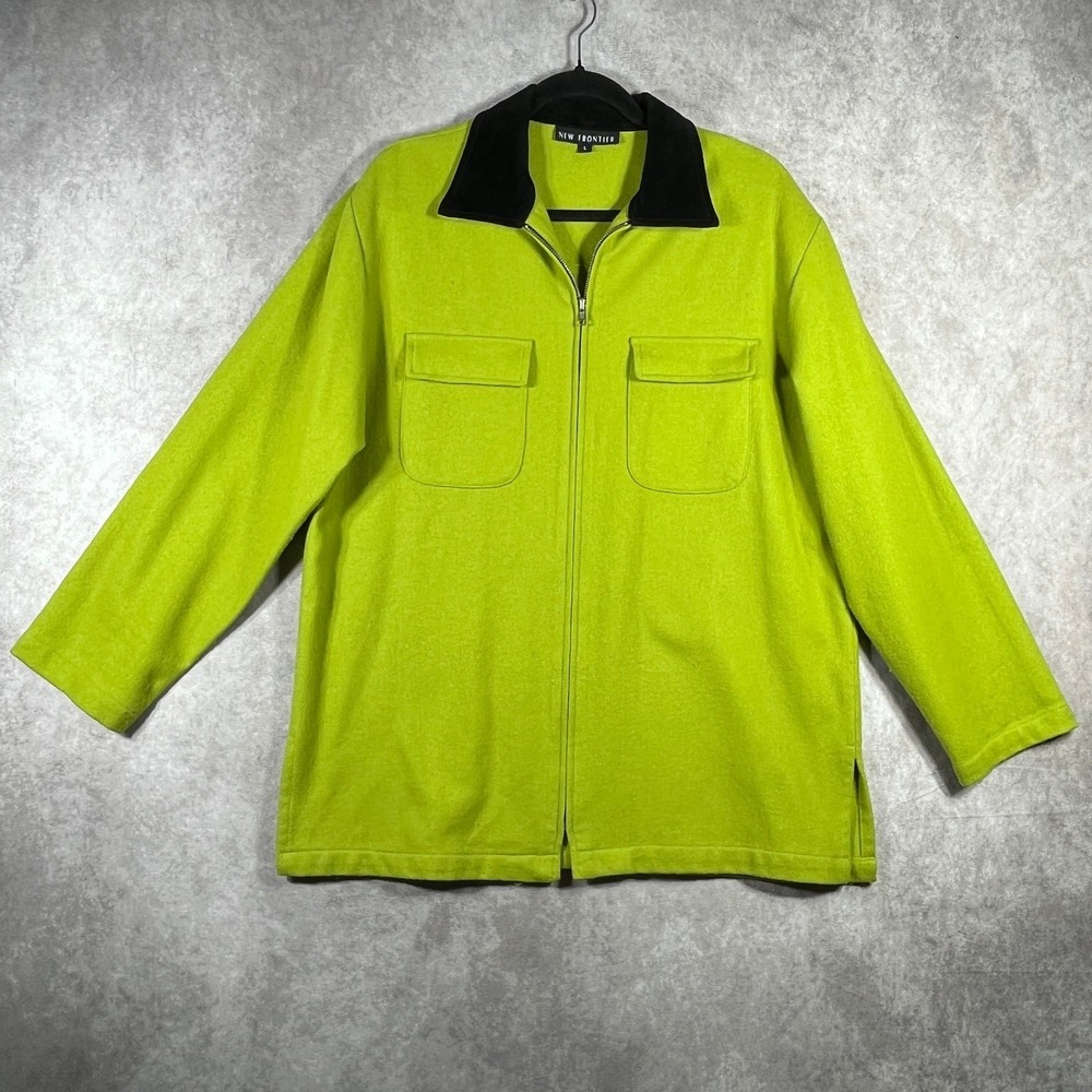 Vintage New Frontier Jacket Womens Large Lime Green Wool Full Zip Pockets Casual